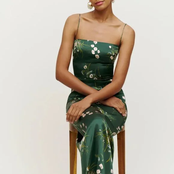 Reformation Frankie Silk Dress | Buena Green Floral Maxi | Size 6 - Picture 3 of 4